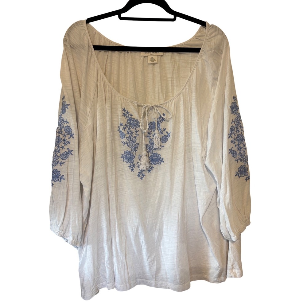 Skye's The Limit Peasant Top White Embroidered Boho Shirt Women's Plus Size 2X